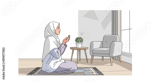 Muslim Woman Praying on Prayer Mat at Home, Wearing Hijab