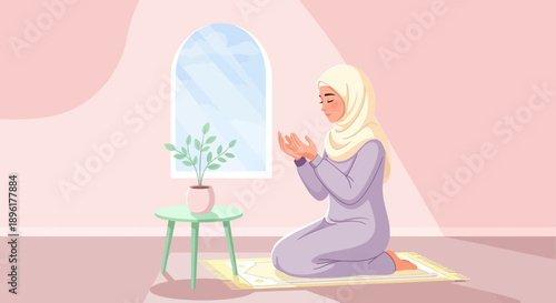Muslim Woman Praying on Mat, Peaceful Islamic Devotion, Soft Pastel Background