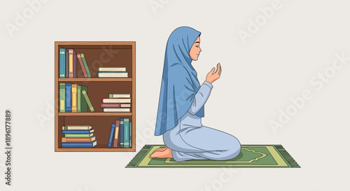 Muslim Woman Praying on Mat Near Bookshelf, Islamic Devotion