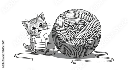 Tiny Grey Kitten Looking Surprised and Overwhelmed Next to a Giant Ball of Grey Yarn