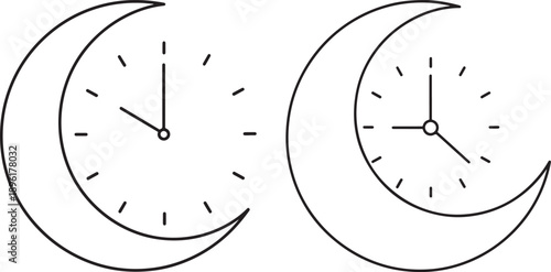 Crescent moons with clocks inside, depicting nighttime, time passing, and celestial themes