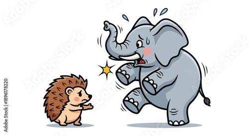 Cute Baby Elephant Accidentally Bumping into a Grumpy Hedgehog in a Funny Interaction Illustration