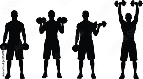 Fitness workout silhouette set, muscular man lifting dumbbells, strength training exercises, gym vector illustration, bodybuilding concept, healthy lifestyle design