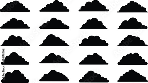 Black and white silhouette vector set of various fluffy cumulus cloud shapes and weather icons for sky backgrounds, landscape design, and nature illustrations.