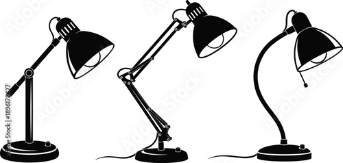 Desk lamp silhouette set, adjustable table light, modern lighting vector illustration, home office decor, black and white design, isolated on white