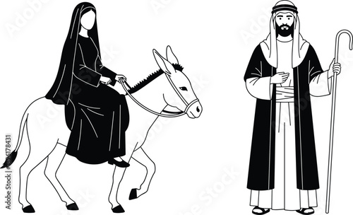 Black and white vector illustration of a biblical man with staff and a woman riding a donkey, religious nativity journey scene silhouettes