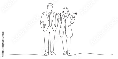 Continuous line drawing of a male and female business colleague communicating in professional setting Vector, illustration