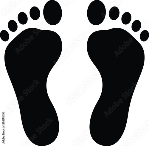 Black and white vector illustration of human footprints silhouette showing left and right bare feet for walking logo design isolated on white background.