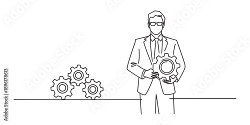 A line art illustration of a businessman holding a gear, symbolizing strategy, engineering, and solutions. Vector, illustration