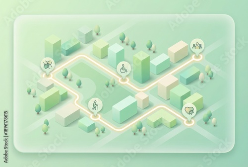 Innovative urban landscape map illustrating inclusive accessibility routes for diverse community needs featuring green spaces and modern architecture in a harmonious setting