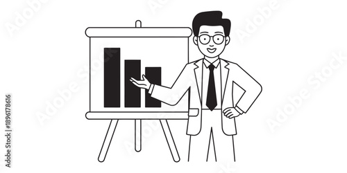 A smiling businessman presents a declining bar chart on an easel during a business meeting Vector, illustration