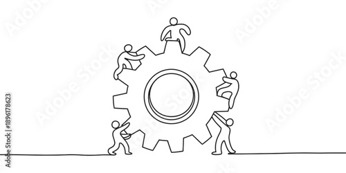 Continuous line drawing of a team of tiny people working together to turn a large gear Vector, illustration