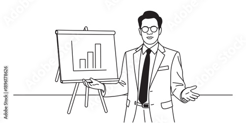 A professional businessman presenting data on a bar chart during a meeting Vector, illustration