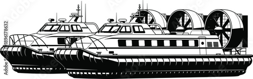 Hovercraft vessel silhouette, modern air cushion ship, marine transportation vector illustration, high speed boat design, nautical technology concept, isolated on white
