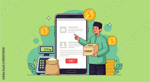 Flat vector illustration of a Muslim paying zakat al-fitr during Ramadan online using a mobile app. This makes it easier to fulfill Ramadan obligations.