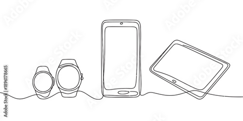 Continuous line drawing showing smart devices like phone, tablet, and smartwatches Vector, illustration