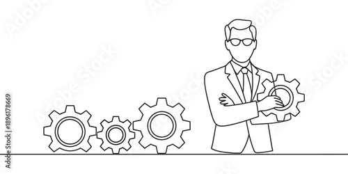 A professional businessman holding a large gear, illustrating continuous line art concept of solutions and industry Vector, illustration
