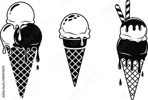 Black and white vector set of sweet ice cream cones with melting scoops and waffle texture for food logo design isolated on white 