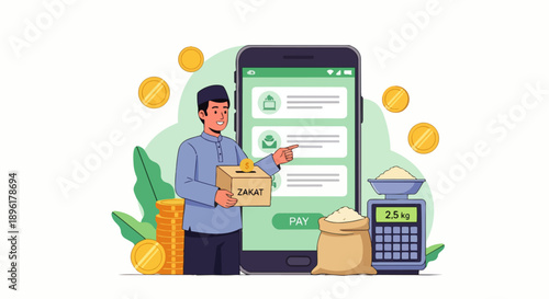 Flat vector illustration of a Muslim paying zakat al-fitr during Ramadan online using a mobile app. This makes it easier to fulfill Ramadan obligations.
