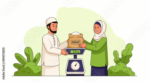  Flat vector illustration depicts Muslims paying zakat, a Ramadan practice involving the payment of alms before Eid al-Fitr. It demonstrates the spirituality, spirit of sharing, and peaceful tradition