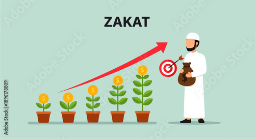 Flat vector depicts businessman paying zakat from profits in the month of Ramadhan Kareem, the concept of zakat fitrah in the holy month of Ramadhan.