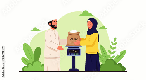 Flat vector illustration depicts Muslims paying zakat, a Ramadan practice involving the payment of alms before Eid al-Fitr. It demonstrates the spirituality, spirit of sharing, and peaceful traditions