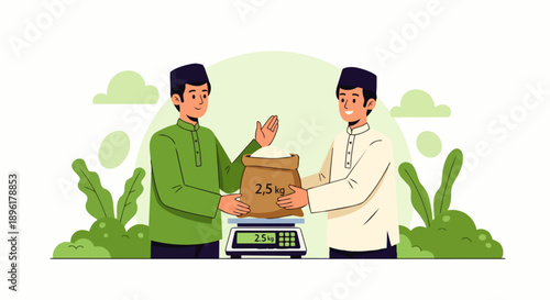 Flat vector illustration depicts Muslims paying zakat, a Ramadan practice involving the payment of alms before Eid al-Fitr. It demonstrates the spirituality, spirit of sharing, and peaceful traditions