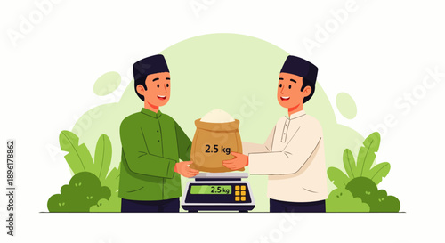 Flat vector illustration depicts Muslims paying zakat, a Ramadan practice involving the payment of alms before Eid al-Fitr. It demonstrates the spirituality, spirit of sharing, and peaceful traditions