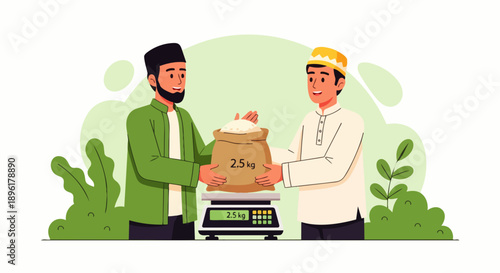 Flat vector illustration depicts Muslims paying zakat, a Ramadan practice involving the payment of alms before Eid al-Fitr. It demonstrates the spirituality, spirit of sharing, and peaceful traditions