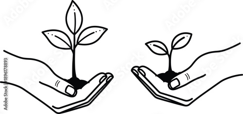 Hands holding plant seedlings, eco growth concept, environmental protection illustration, sustainability symbol, green energy idea, black and white vector design