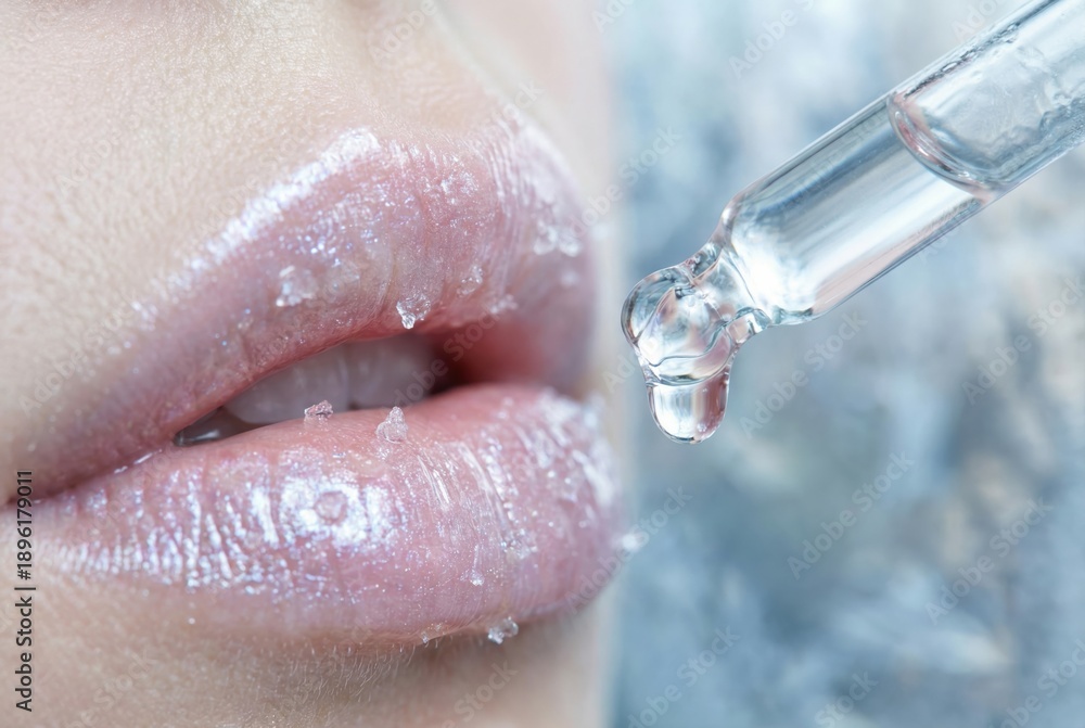 Fototapeta premium Photorealistic close up of glistening lips adorned with crystalline sugar droplets, complemented by a clear dropper releasing revitalizing serum, evoking a sense of allure and skin vitality