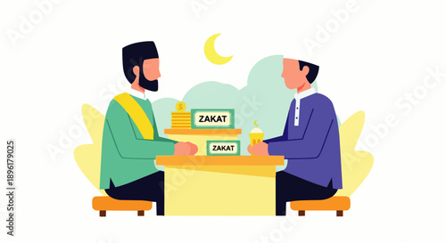 Vector illustration of a Muslim giving zakat to the zakat firah committee to clean up property during the month of Ramadan