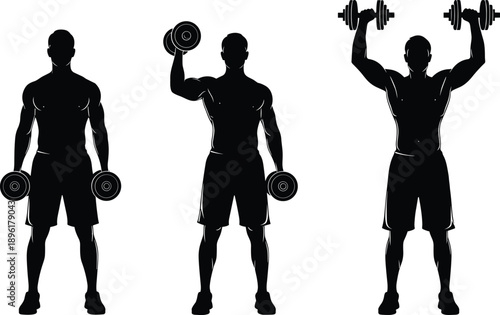 Gym workout silhouette, muscular man lifting dumbbells, strength training exercises, fitness vector illustration, bodybuilding concept, healthy lifestyle, isolated on white