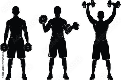Fitness workout silhouette, man lifting dumbbells, strength training exercises, gym vector illustration, bodybuilding concept, healthy lifestyle, isolated on white