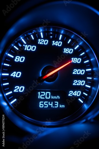 car speedometer on night with blue lights