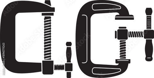 Black C-clamps in a row isolated on white background, representing tools for holding or gripping