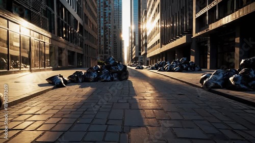 Black plastic bags full of trash pile along empty street. Garbage and plastic waste cover city pavement. Pollution and debris increase. Trash bags and litter stretch down quiet city street scene