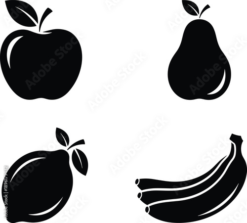 fruit,icons,set,apple,pear,lemon,banana,silhouette,black,white,vector,illustration,food,healthy,nutrition,organic,natural,design,graphic,symbol