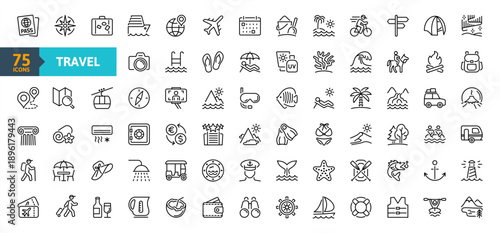 Travel icon outline set. Containing plane, tourism, passport, navigation, holiday,  trip, camping, cruise and more. Vector line icons collection.