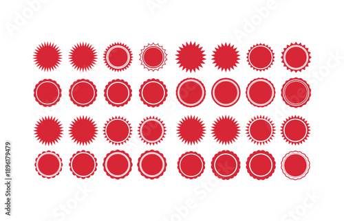 Collection of red starburst and scalloped circle seals Keywords: red, seal, sticker, badge
