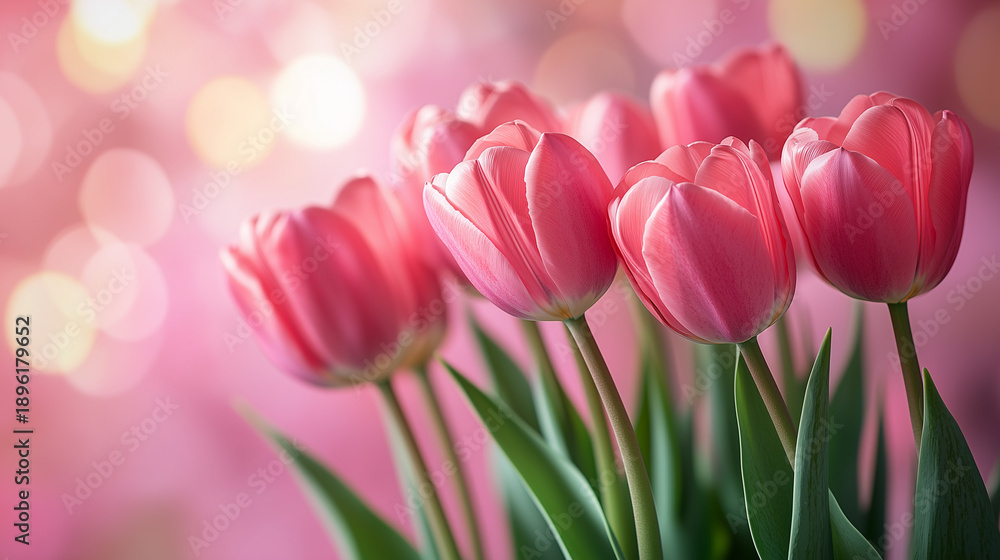 Fototapeta premium Pink tulips with gift. Mothers Day, Valentines Day, Birthday