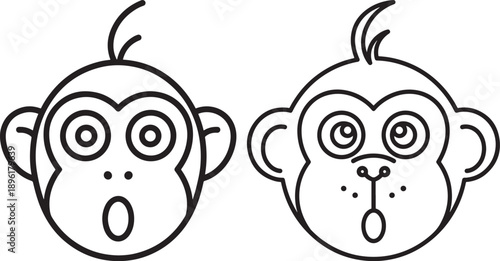 Two surprised monkey faces in simple outline style, cute and expressive cartoon characters
