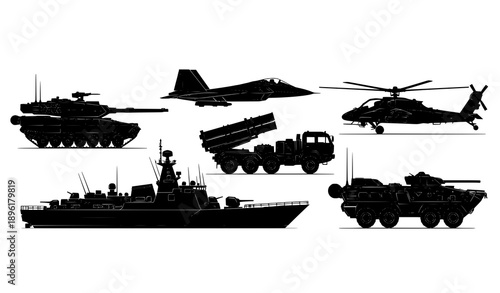 Military vehicle and aircraft silhouette vector set with tanks jets helicopters and naval warship icons