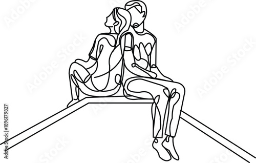 A continuous line drawing of two figures sitting close together on a rooftop