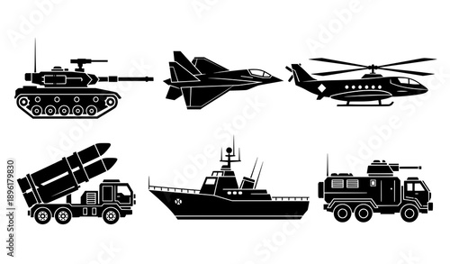 Defense and army military silhouette icon set of vehicles aircraft and naval combat equipment