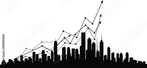 City skyline silhouette with rising graph arrow business growth concept vector illustration finance analytics urban success