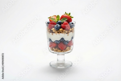 Fresh yogurt parfait layered with granola, strawberries, blueberries, raspberries and mint leaves showcasing healthy lifestyle choices and vibrant culinary aesthetics