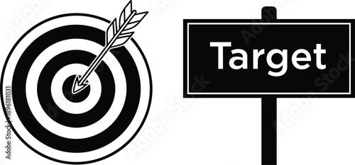 Target with arrow vector icon and signboard illustration for goal, success, marketing strategy, business planning, and achievement design concepts