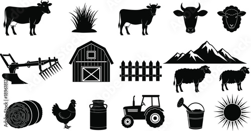 Farm animals and agriculture icons set, cow sheep barn tractor tools landscape sun, rural farming silhouette vector collection