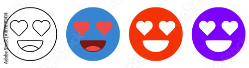 Set of Four Heart-Eye Emoticon Icons Outline, Blue, Red, and Purple